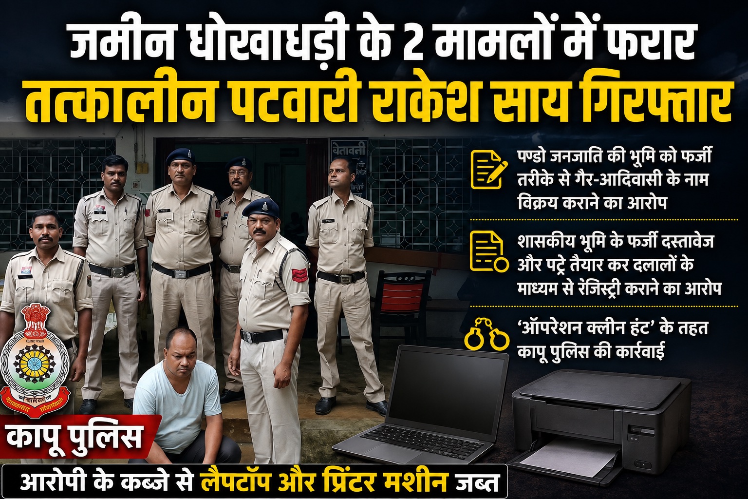 जमीन घोटाले में फरार तत्कालीन पटवारी गिरफ्तार, पण्डो जनजाति की भूमि फर्जी तरीके से बेचने का आरोप