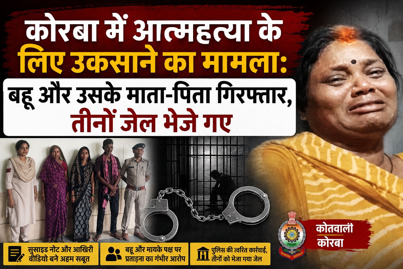 कोरबा में आत्महत्या के लिए उकसाने का मामला: बहू और उसके माता-पिता गिरफ्तार, तीनों जेल भेजे गए