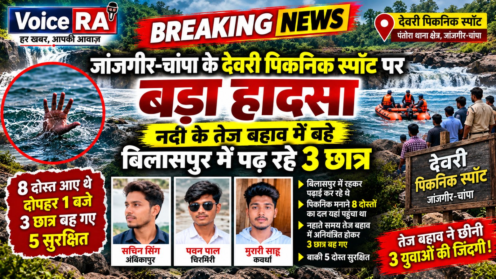 जांजगीर-चांपा के देवरी पिकनिक स्पॉट पर बड़ा हादसा: नदी के तेज बहाव में बहे 3 छात्र, 5 दोस्त सुरक्षित