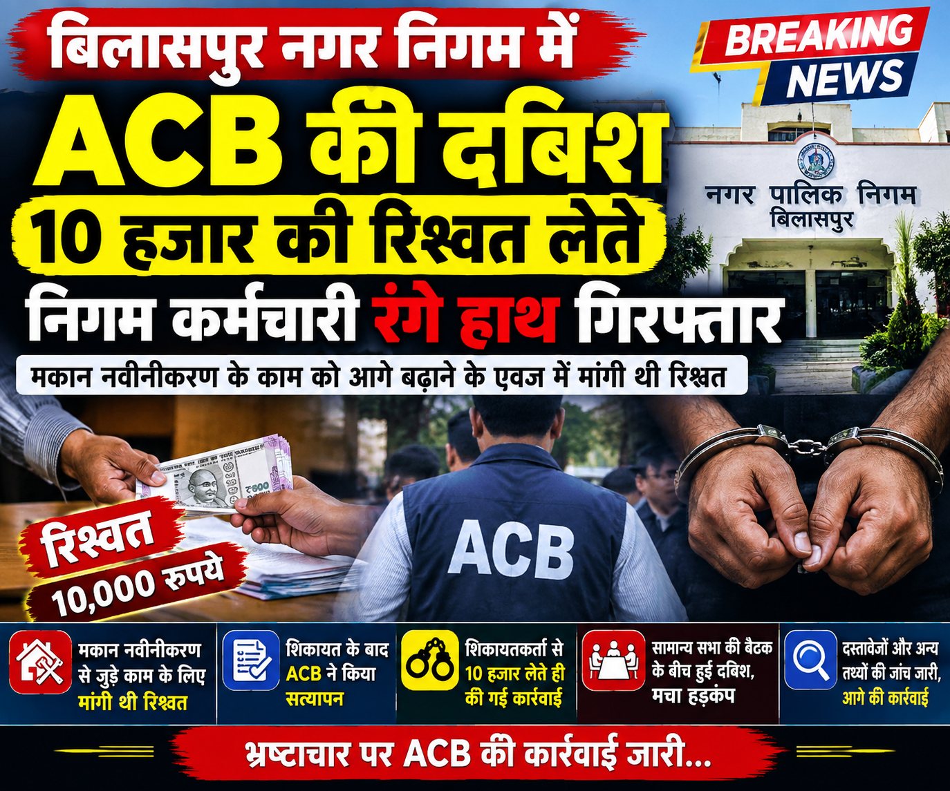 नगर निगम में ACB का शिकंजा, 10 हजार की रिश्वत लेते कर्मचारी रंगे हाथ पकड़ा गया